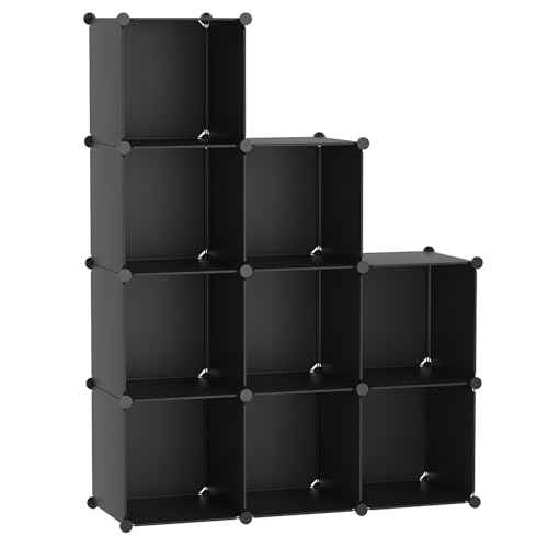 C&AHOME Cube Storage, 9-Cube Bookshelf, Plastic Closet Cabinet Organizer, DIY Stackable Bookcase, Modular Shelving Units Ideal for Home, Office, Kids Room, 36.6" L x 12.4" W x 48.4" H Black SHS3009A