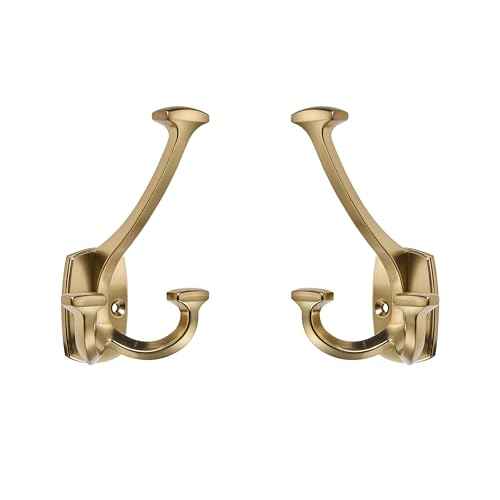 Large Wall Double-Sided Hook 5 Pack Champagne Brozne Hook Decorative Heavy Duty Solid Large Coat Hooks for Towel Hanging Coats Robe Towel Bags Door Back 2 Prong Hooks