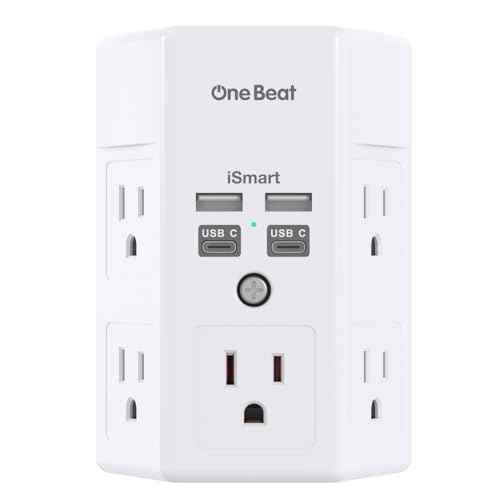 One Beat 1680J 3 Side Power Strip Multi Plug Expander, Surge Protector, 5 Outlets Extender, 4 USB Ports (USB C), Wall Mount Charger, Outlet Splitter Adapter for Home, Travel, Office, ETL Listed, White
