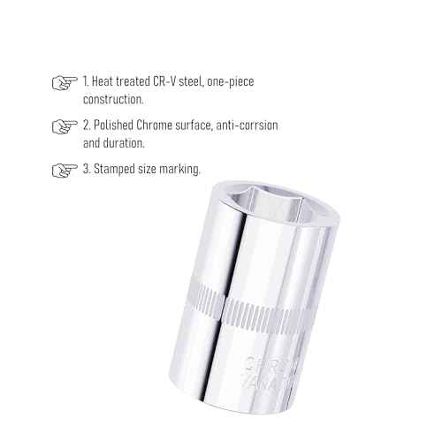 4PCS 12mm Shallow Socket, 1/4 Inch Drive, 6-Point, Metric, Heat Treated CR-V Steel Short Sockets, Full Polishing, 1 Inch Length