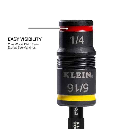 Klein Tools 32931 3-in-1 SAE Impact Socket Set, 1 Flip Socket with 1/4 and 5/16 Nut Driver Sizes and 1/4-Inch Bit Holder, Impact Rated 2-Inch Shaft