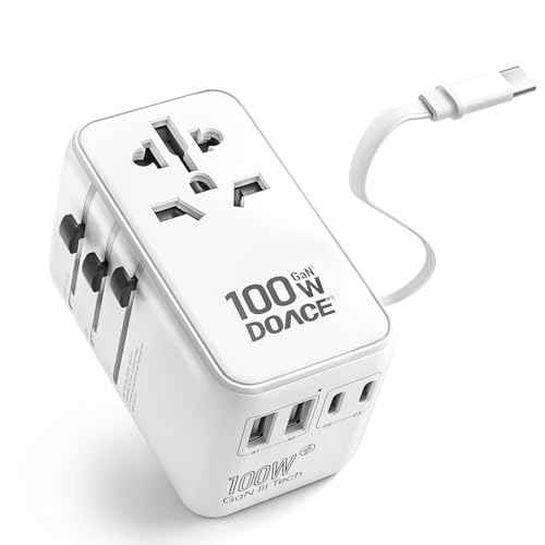 DOACE Universal Travel Adapter, 100W GaN 3.0 International Power Adapter with Built-in USB-C Cable, 6 in 1 Travel Adapter with 5 USB Ports, Plug Adapter Worldwide for EU/UK/USA/AUS(White)