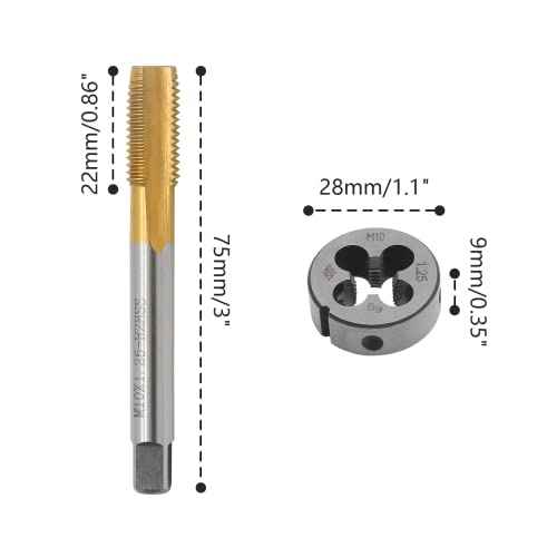 Biaungdo M10 x 1.25mm Tap and M10 x 1.25mm Die Metric Right Hand Thread Titanium Coated Tap and Die Set, HSS Right Hand Thread Tap and Die Set