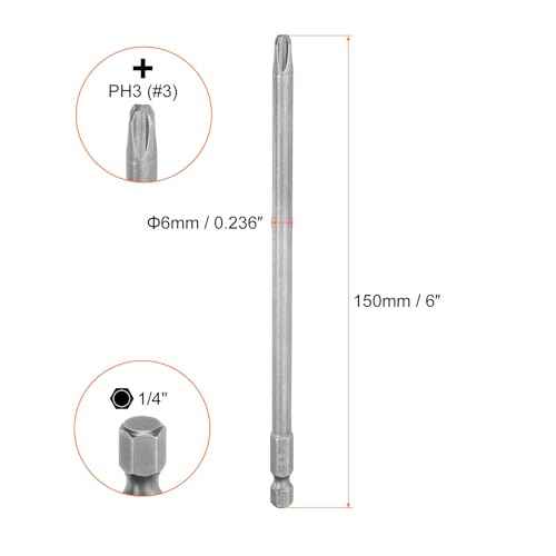 HARFINGTON 5pcs #3 Phillips Screwdriver Bit PH3 1/4" Hex Shank 6" (150mm) Long Magnetic S2 Steel Industrial Grade Screw Driver Bit Cross Head Electric Drill Bits 0.236" (6mm) Rod