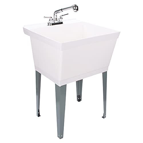 White Utility Sink Laundry Tub with Pull-Out Chrome Faucet - Heavy Duty Slop Sink for Laundry, Basement, Garage, or Workshop - JS Jackson Supplies