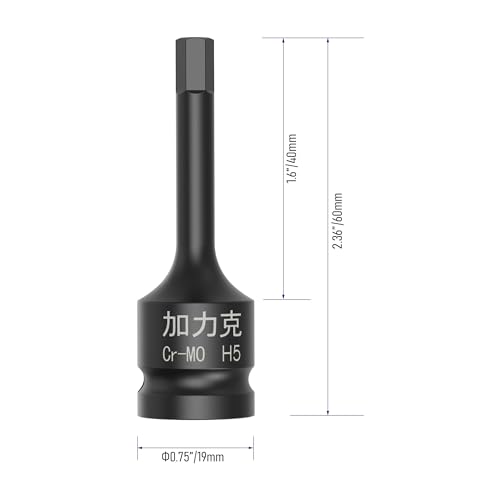 3PCS 3/8" Square Drive H5(5mm) Impact Hex Bit Socket, 60mm(2.36") Length, Hex Driver, Impact Grade, One-Piece Construction, 3/8" Drive Allen Bit Socket, Cr-Mo Steel, Black
