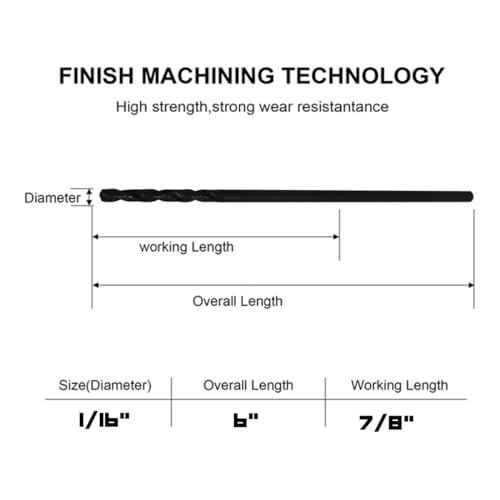 1/16 Inch x 6 Inch Aircraft Drill Bit (Professional Grade 6 Pack) Extra Long Black Oxide Cobalt Extension Bit - Perfect for Drilling into Sheet Metal, Stainless, Aluminum, Wood, & Copper