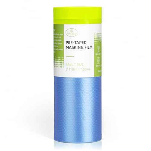 Pre-Taped Masking Film for Painting - 44" x 66' Painters Plastic Sheeting with Automotive Paint Tape and Drape for Covering Cars, Walls, Windows and Furniture Protection (1 Roll)
