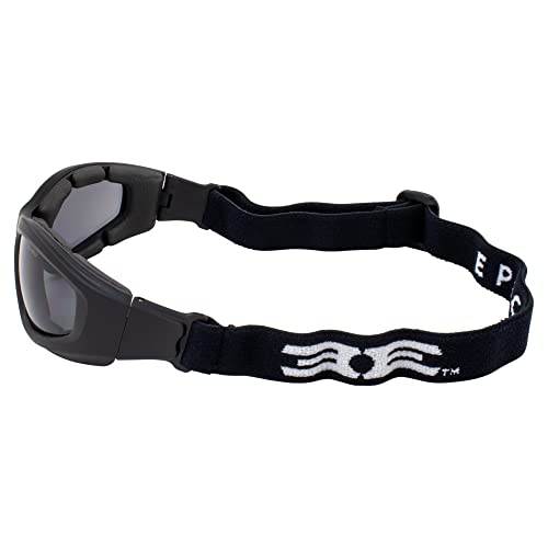 Epoch Eyewear Padded Motorcycle Riding Goggles Black Frame Smoke Lens Adjustable Strap ANSI z87.1 Safety Rated