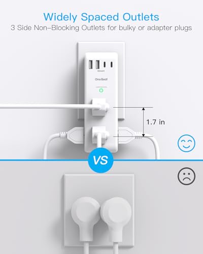 One Beat 2C2A Surge Protector Outlet Extender with Rotating Plug, 10-in-1 USB Wall Power Strip, White