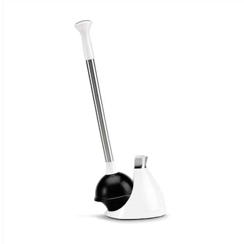 simplehuman Toilet Plunger Set with Magnetic Cover - White, Narrow Flange for Modern Low-Flow Toilets