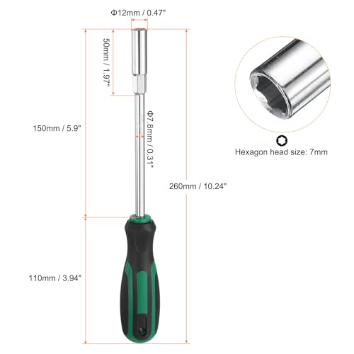 HARFINGTON Metric Nut Driver 7mm Dia 150mm Round Shank CR-V 6 Point Hex Hexagon Socket Wrench Screwdriver with Non-Slip Handle for Tightening and Loosening Fasteners