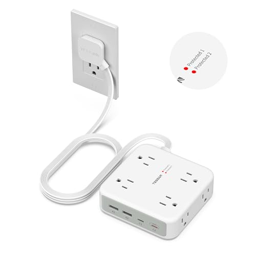 TESSAN 12-in-1 Power Strip with Surge Protection, 5 Ft Flat Wall Plug, USB-C & USB-A Ports, Mountable Extension Cord White