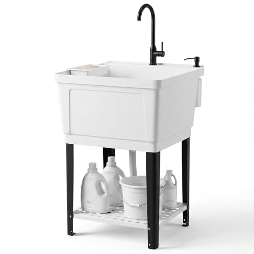 Giantex 23.2 Gal Freestanding Utility Sink with Faucet, Drain Kit & Storage Shelf
