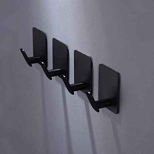 DELITON Adhesive Hooks - 4 Pack Towel/Coat Hooks Wall Hook Stick on Bathroom or Kitchen (Matte Black, Stainless Steel)