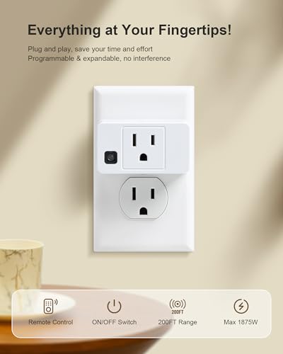 Wireless Remote Control Outlet - 200FT RF Range, White Rectangle Socket