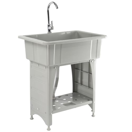 VINGLI Gray Utility Sink with Removable Drainboard, Stainless Steel Faucet & Storage Shelf