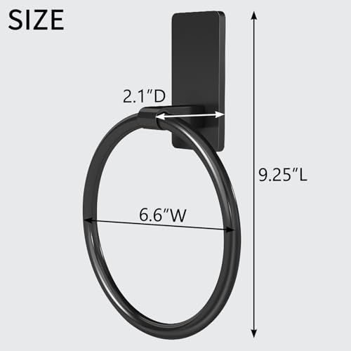 STWWO Black Adhesive Hand Towel Ring for Bathroom, No Drill, Rustproof