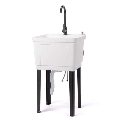 VINGLI 13-Gallon Utility Sink with Stainless Steel Faucet - White, 19.7"W x 18.9"D x 33"H