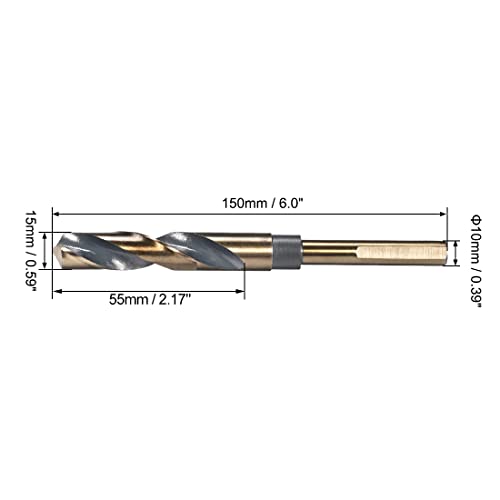 uxcell Reduced Shank Twist Drill Bits 15mm Black Nitride & Gold Titanium Coated High Speed Steel 4341 with 10mm Shank for Stainless Steel Alloy Metal Plastic Wood