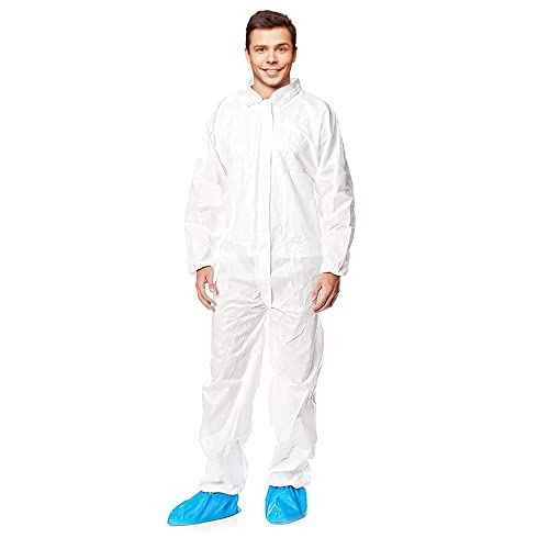 Azmec Coveralls Hazmat Suits Disposable Suit?Elastic Wrists Ankles Zipper Front Entry?High Level of Comfort Breathability?Multiple Purposes?Size (5'2"-6') for Men & Women