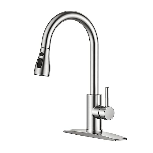 FORIOUS Kitchen Faucets with Pull Down Sprayer, Brushed Nickel, High Arc Single Handle Classic Stainless Steel Sink Faucet 1 or 3 Hole, Suitable for Farmhouse Camper Laundry Rv Bar