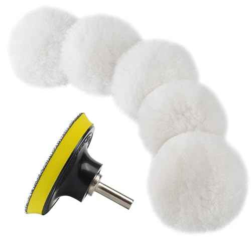S SATC Wool Polishing Buffing Pad Set with 5PCS 3 Inch Wool Buffing Wheel for Drill, Hook and Loop Back Pad with M10 Drill Adapter, Compound Waxing and Polishing for Car Polisher