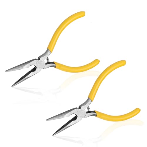 Giantree 2 Pcs Small Needle Nose Pliers, 5.5" Inch Nose Plier for Wire Bending, Spring Loaded Thin Needle Noses Pliers with Serrated Jaw for Jewelry Making Wire Wrapping Crafts Electronic Repair