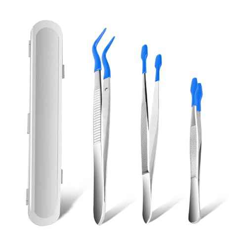 3PCS Tip Tweezers, Silicone Rubber Flat Tipped Tweezers Bent Tip for Jewelry Coin Stamp (Blue)