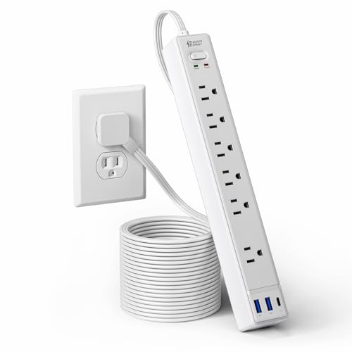 SUPERDANNY 10Ft Flat Extension Cord with Surge Protector Power Strip White