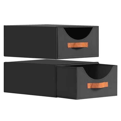 Closet Organizers and Storage - Large Stackable Storage Bins with Drawer, Fabric Bins for Organization, Collapsible Drawer Organizer Clothes for Bedroom, Living Room, 2 Pack, Black