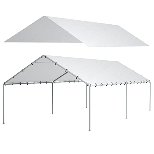 10x20ft White Carport Canopy Replacement Cover with Bungee Cords - Waterproof UV Resistant Shelter