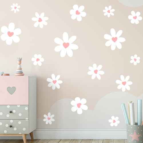 Daisy Wall Decals, Peel and Stick White Flower with Heart Wall Stickers,Daisy Floral Wall Decor for Kids Girls Bedroom Playroom Living Room Nursery