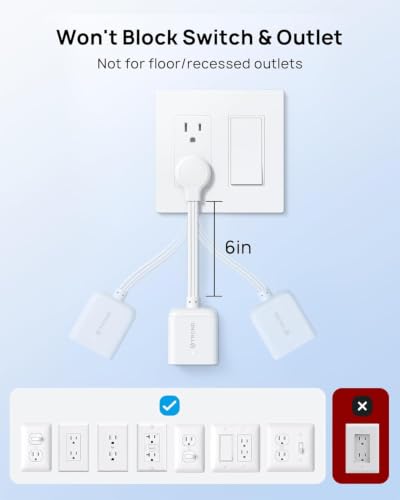 TROND 3 Prong Flat Outlet Extender with 6 Inch Cord, White - Pack of 1