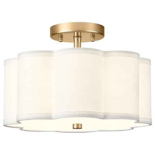 Gold Semi Flush Mount Ceiling Light, 3-Light 12.5" Ceiling Lighting Fixtures with Fabric Shade in Flower Shape, Farmhouse Brass Drum Lights for Nursery Hallway Bedroom, AD-22007-3SF-GD