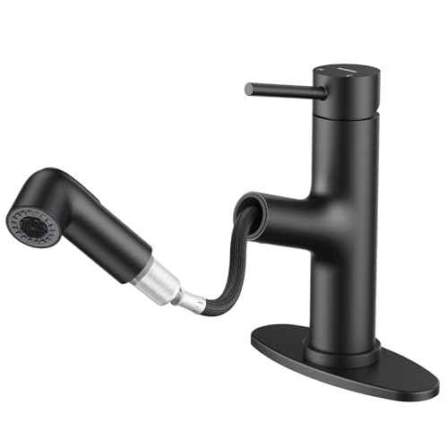 HURRAN Pull-Out Bathroom Faucet, Single Lever Basin Mixer with 2 Water Flow Modes, Short Design, Stainless Steel, Matte Black