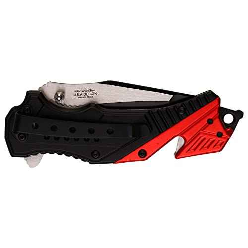 Tac-Force Pocket Folding Pocket Knife ? Black/Satin Finish Blade, Black/Red Aluminum Handle w/Fire Dept Logo, Rope Cutter, Glass Punch, and Pocket Clip, Tactical, EDC, Rescue - TF-640FD