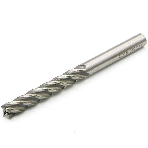 5/16" HSS End Mill 8mm Cutting Dia 8MM Shank Dia Extra Long Straight Shank End Mill Bit, 4 Flute High Speed Steel Milling Cutter for Wood, Steel, Aluminum, Titanium, Foam, Total length 100mm