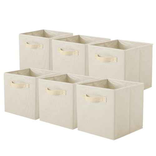 PowerKing Collapsible Storage Cubes with Handles, Fabric Foldable Bins for Closet Shelves, Durable Organization Storage Bins, 10.5'' x 11'' x 10.5'', 6 Pack, Cream