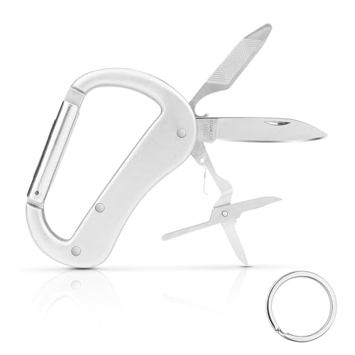 Multitool Carabiner with Pocket Knife, Bottle Opener,Nail file,Small Scissors,EDC Carabiners Keychain with Folding Knives,Auxiliary Tools for Camping,Hiking,Outdoor Activities(Silver)