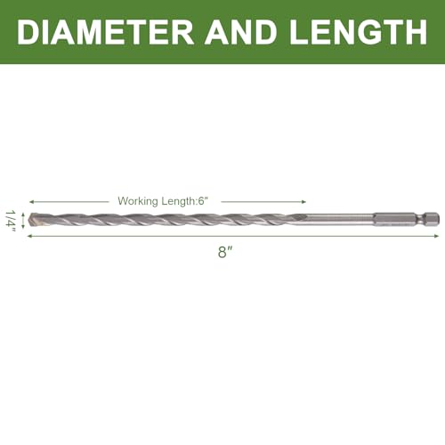 1/4" x 8" Masonry Drill Bits (2 Pack) Concrete Hammer Drill Bits Carbide Tipped, for Cement, Brick, Stone, Hex Shank