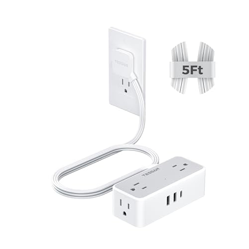 TESSAN 5 FT Power Strip with USB-C & USB-A, Surge Protection, Flat Wall Plug, Gray