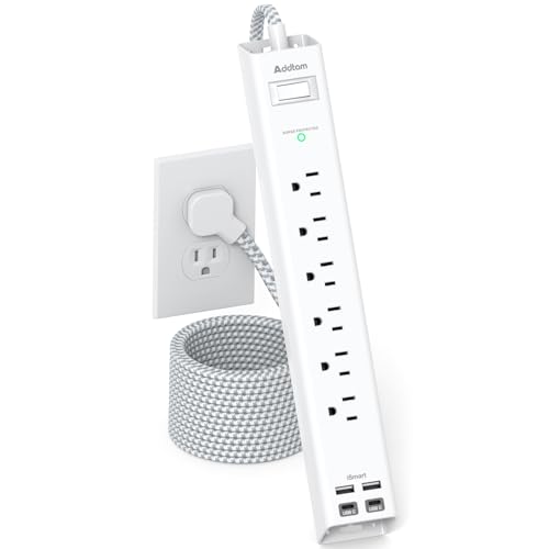 Addtam White & Grey 10 ft Heavy Duty Power Strip with 6 AC Outlets & 4 USB Ports
