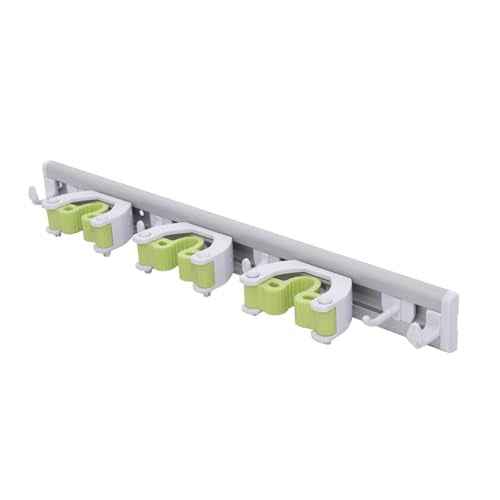 Pine-Sol Mop and Broom Holder - Hanging Wall Mount Storage Rack with 3 Slots and 6 Hooks - Adjustable Cleaning Tool Organizer for Garage, Kitchen, and Utility Closet