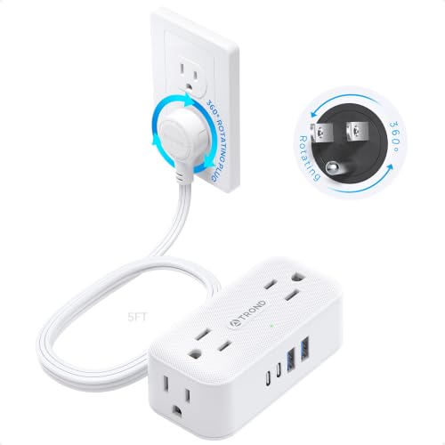 TROND 360° Rotating Flat Plug Power Strip 5ft, 4 AC Outlets, White / 10A