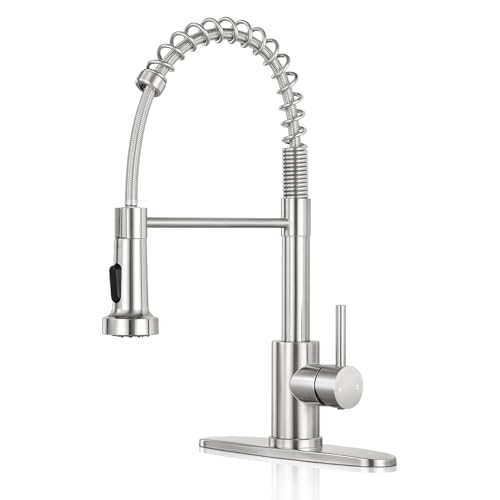 KHQF Brushed Nickel Kitchen Faucet with Pull Down Sprayer, Standard Model with Deck Plate