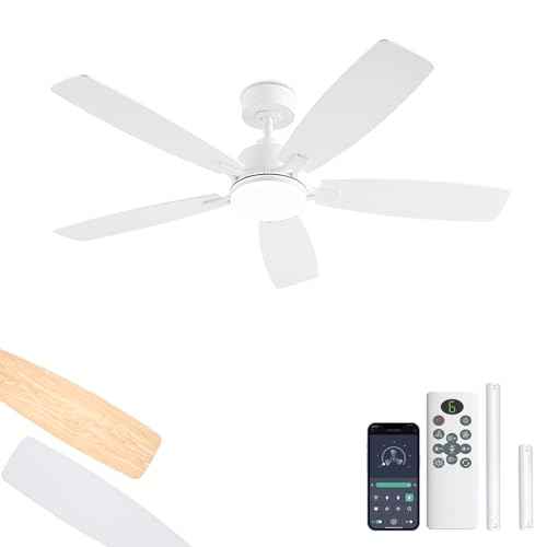 White Ceiling Fans with Lights, 52 Inch Low Profile Ceiling Fan with Light and Remote/App Control, Dual-Sided Blades, Reversible, 3CCT, Dimmable, Modern Ceiling Fan for Indoor/Outdoor Patios