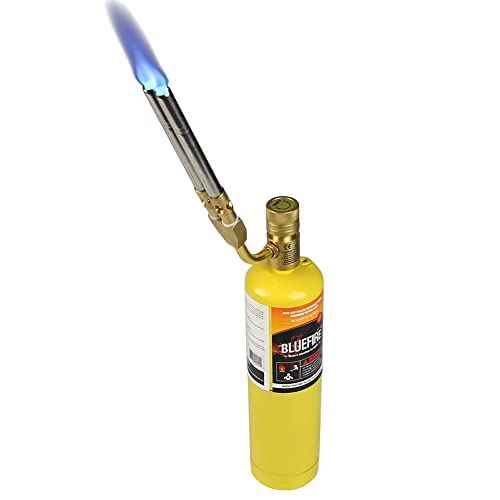 BLUEFIRE Double Flame Jet Turbo Torch Head High Output 17060 BTU Full Metal Heavy Duty Manual Ignition Gas Welding Dual Tubes Blowtorch Nozzle Fuel by MAPP MAP Propane Brazing Soldering Flamethrower