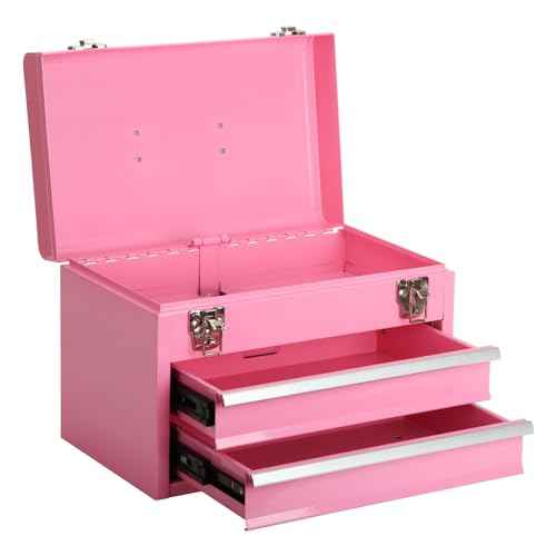 14 Inch Steel Portable Tool Box with drawers - Tool Storage Box Organizer with Metal Latch Closur - Powder Coated Toolbox Chest for Tools Storage Cabinet (PINK)