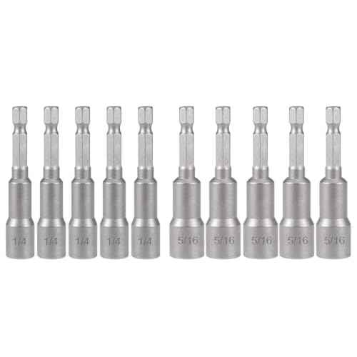10pcs SAE 1/4¡± and 5/16¡± Magnetic Nut Driver Bit Set, 1/4 inch Driver Power Nut Setter Drill Bits for Impact Drill, Socket Adapter Hex Nut Driver Set, 65mm Length